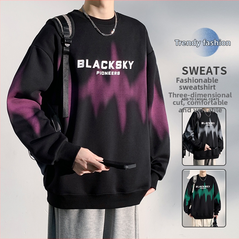 Voľno-strihavý pánsky bavlnený mikina s kruhovým výstrihom a potlačou písmen – streetwear štýl