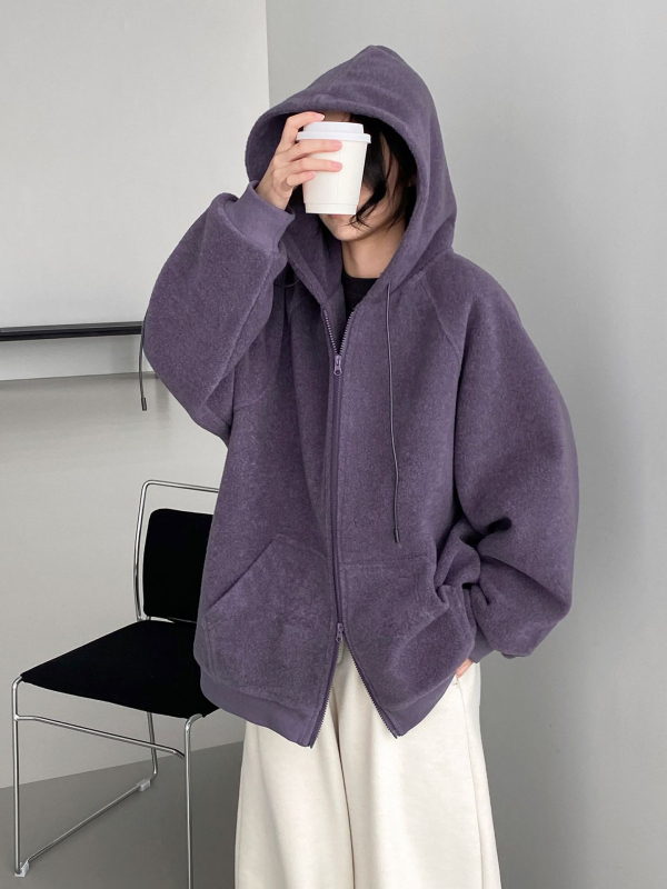 Dámska mikina s kapucňou z hrubého flísu, voľný strih, jednobarevný polyester, štýl korejsko-japonský uvoľnený