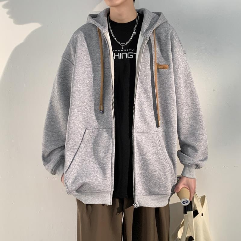 Muški kapućasti kardigan s flis podstavom, udoban kroj, zatvarač, japanski stil, plus veličina