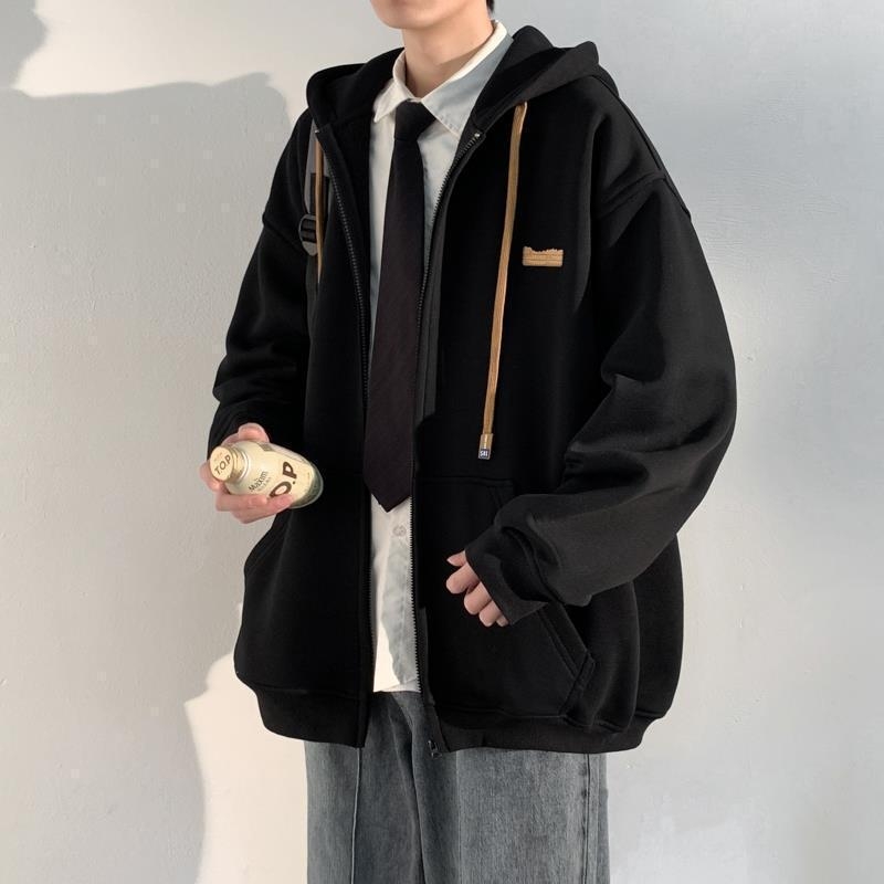 Muški kapućasti kardigan s flis podstavom, udoban kroj, zatvarač, japanski stil, plus veličina