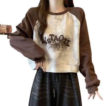 Ženski Maillard tie-dye duk s raglan rukavima, za jesen-zimu, velika veličina, laskav kroj, kratki komad koji prekriva trbuh