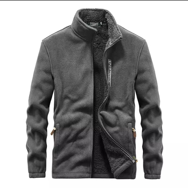 Muška jakna od fleece-a s stojećim ovratnikom, zatvaračem, širokim krojem, jesensko-zimsko razdoblje