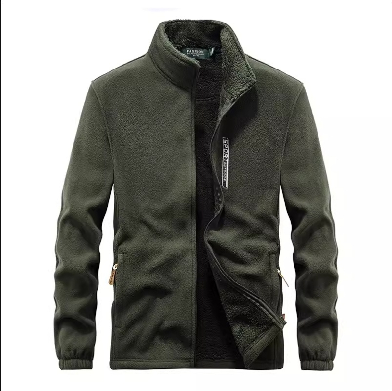 Muška jakna od fleece-a s stojećim ovratnikom, zatvaračem, širokim krojem, jesensko-zimsko razdoblje