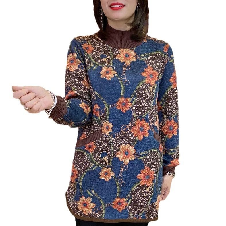 Pulover s floralnim uzorkom, fleeceom podstavljen, srednja duljina, dugi rukavi, polu-visoki ovratnik, debeli poliester