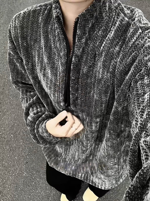 Φούτερ με μοτίβο ψαριών-οστών, με γιακά σταθερού τύπου, φερμουάρ, φαρδιά γραμμή, 96% πολυεστέρας