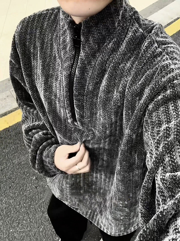 Φούτερ με μοτίβο ψαριών-οστών, με γιακά σταθερού τύπου, φερμουάρ, φαρδιά γραμμή, 96% πολυεστέρας