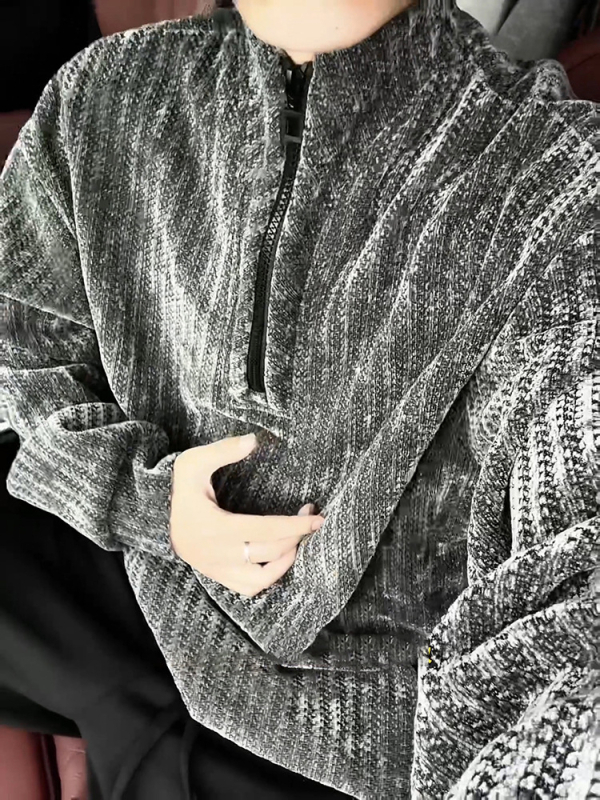 Φούτερ με μοτίβο ψαριών-οστών, με γιακά σταθερού τύπου, φερμουάρ, φαρδιά γραμμή, 96% πολυεστέρας