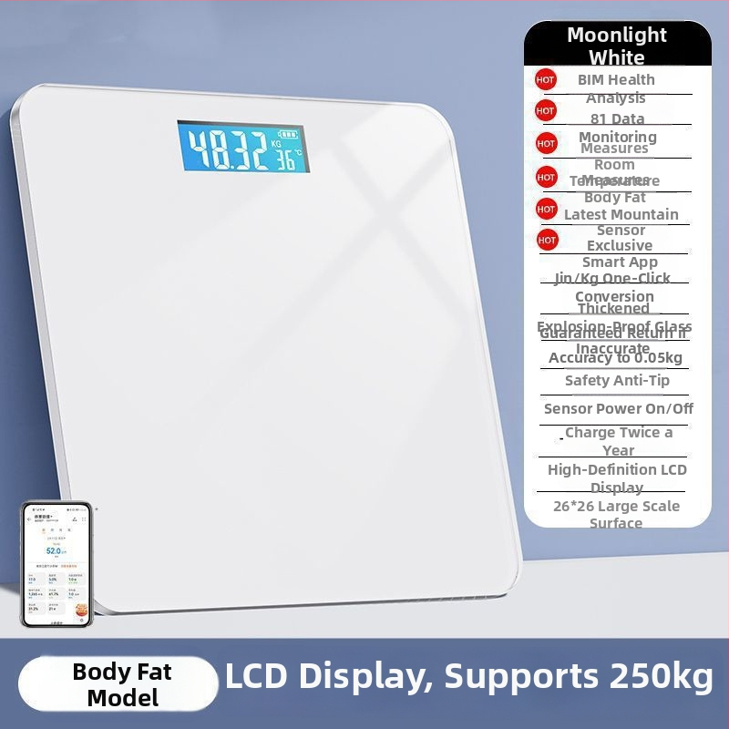 Kehakaal kehara rasvamõõturiga, laaditav elektrooniline skaala, lihtne disain täiskasvanutele, maksimaalne kandevõime 1