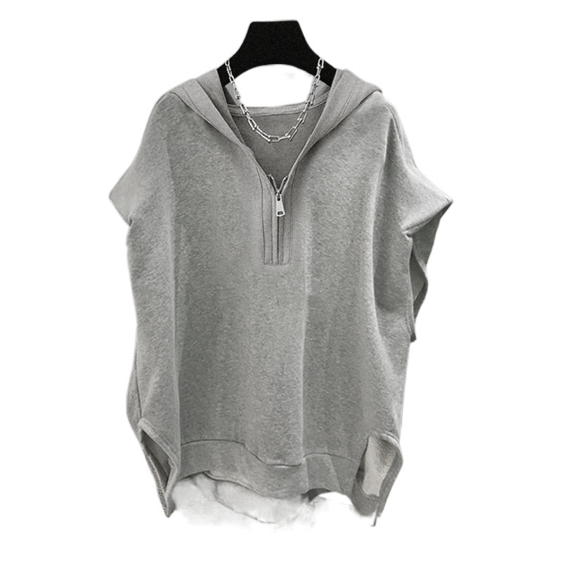 Безръкав суитшърт с качулка и цип - полиестер ≥95%, лято 2023, уличен хипстър стил