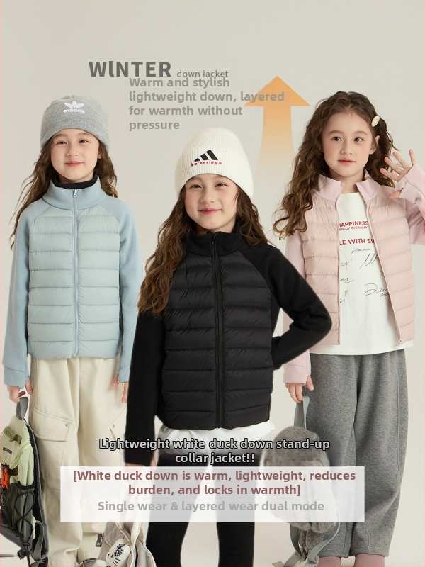 Elmo Beibei bērnu ziemas pūkaina jaka, korejas versija, pildījums no pūka 86–90%, viegla un silta, īss griezums, rāvējslēdzējs, bez kapuces
