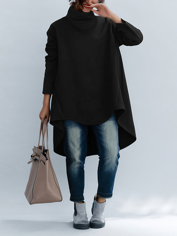 Дамско худи с качулка и висока яка, Derong полиестер ≥95%, патчворк детайл, дължина 80–100 см