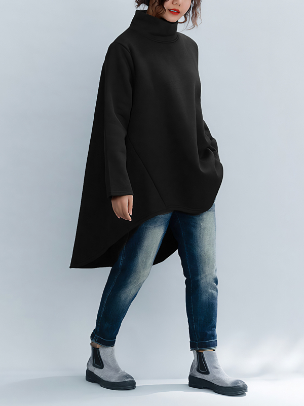 Дамско худи с качулка и висока яка, Derong полиестер ≥95%, патчворк детайл, дължина 80–100 см