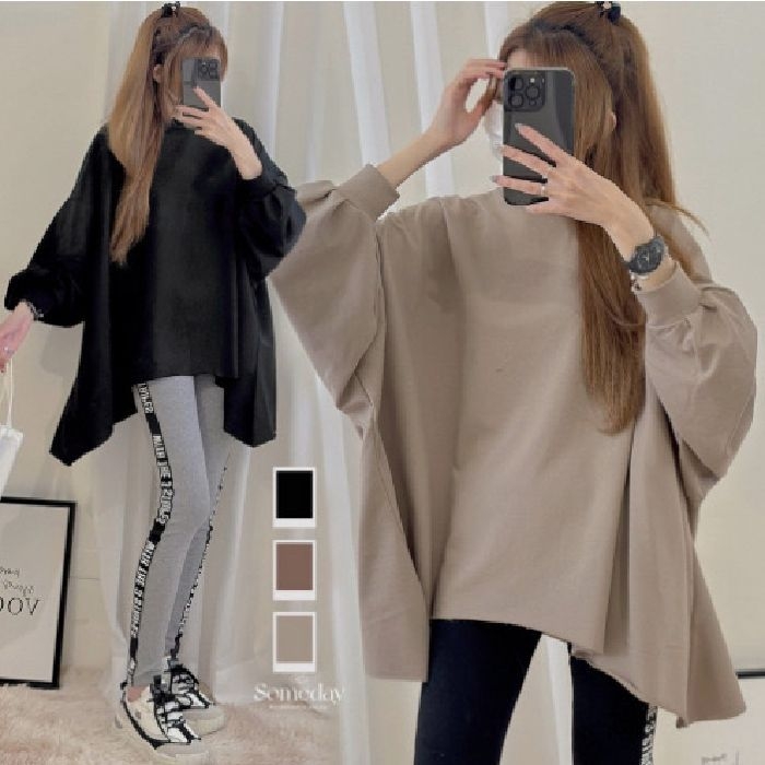 Jesenná voľná dámska mikina top s nepravidelným lemom a patchwork detailom, polyesterová látka, okrúhly výstrih, dlhé rukávy