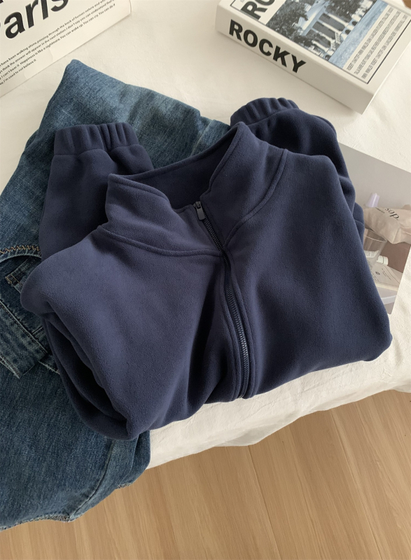 Ženski fleece cardigan sa zipom i stojećim ovratnikom, slobodan kroj, kratka duljina