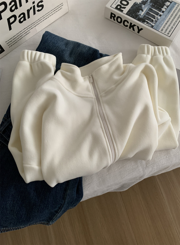 Ženski fleece cardigan sa zipom i stojećim ovratnikom, slobodan kroj, kratka duljina