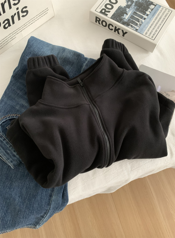 Ženski fleece cardigan sa zipom i stojećim ovratnikom, slobodan kroj, kratka duljina