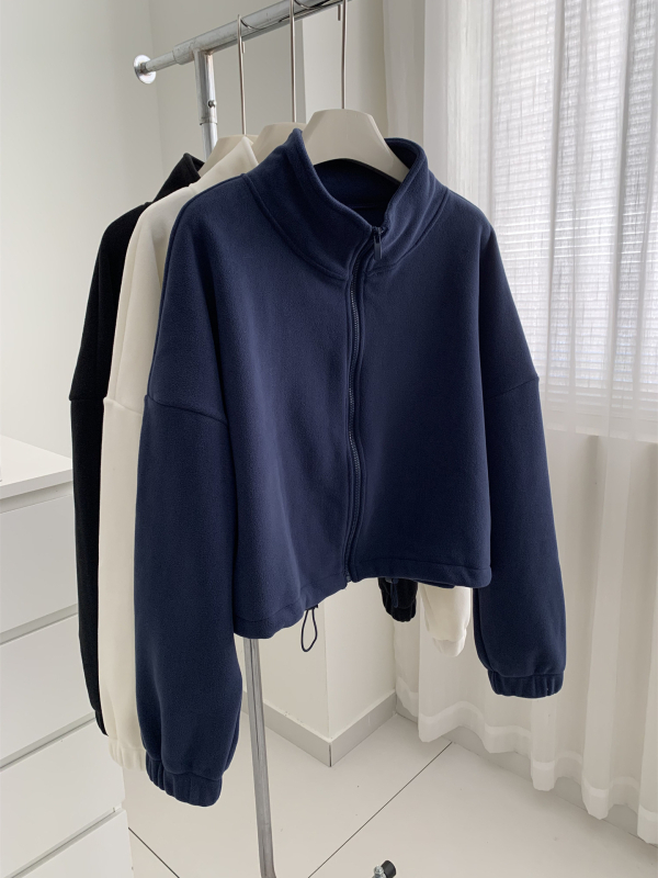 Ženski fleece cardigan sa zipom i stojećim ovratnikom, slobodan kroj, kratka duljina