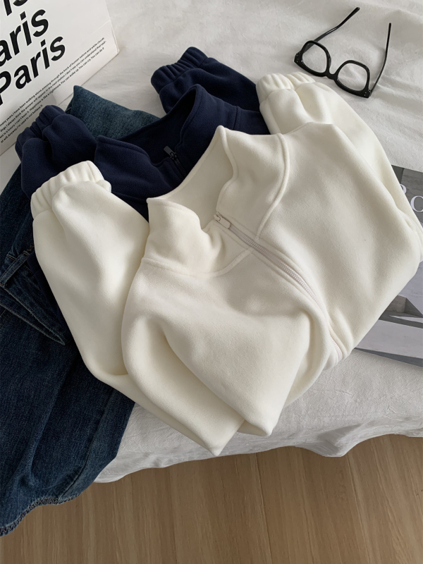 Ženski fleece cardigan sa zipom i stojećim ovratnikom, slobodan kroj, kratka duljina