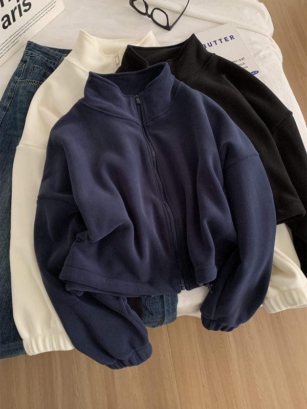Ženski fleece cardigan sa zipom i stojećim ovratnikom, slobodan kroj, kratka duljina
