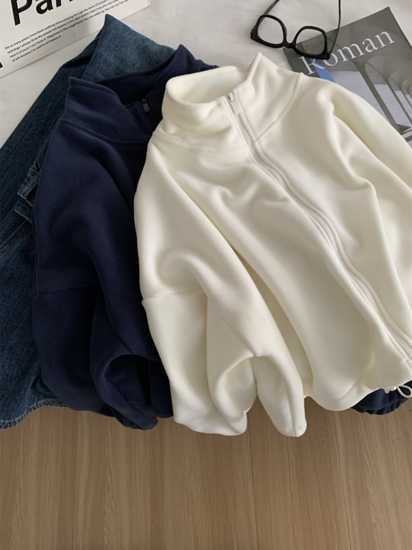 Ženski fleece cardigan sa zipom i stojećim ovratnikom, slobodan kroj, kratka duljina