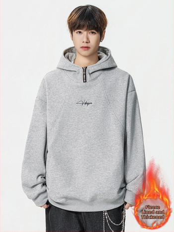 Korėjietiško stiliaus gobtuvas su fleece įklotu, sunkus megztinis, laisvo kirpimo, ilgomis rankovėmis, medvilnės audinys 51–70%, skaitmeninis spausdinimas ir šoninės kišenės