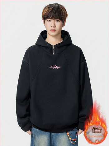 Korėjietiško stiliaus gobtuvas su fleece įklotu, sunkus megztinis, laisvo kirpimo, ilgomis rankovėmis, medvilnės audinys 51–70%, skaitmeninis spausdinimas ir šoninės kišenės