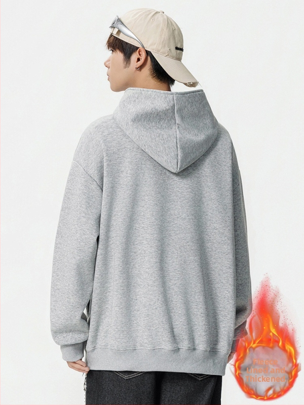 Korėjietiško stiliaus gobtuvas su fleece įklotu, sunkus megztinis, laisvo kirpimo, ilgomis rankovėmis, medvilnės audinys 51–70%, skaitmeninis spausdinimas ir šoninės kišenės