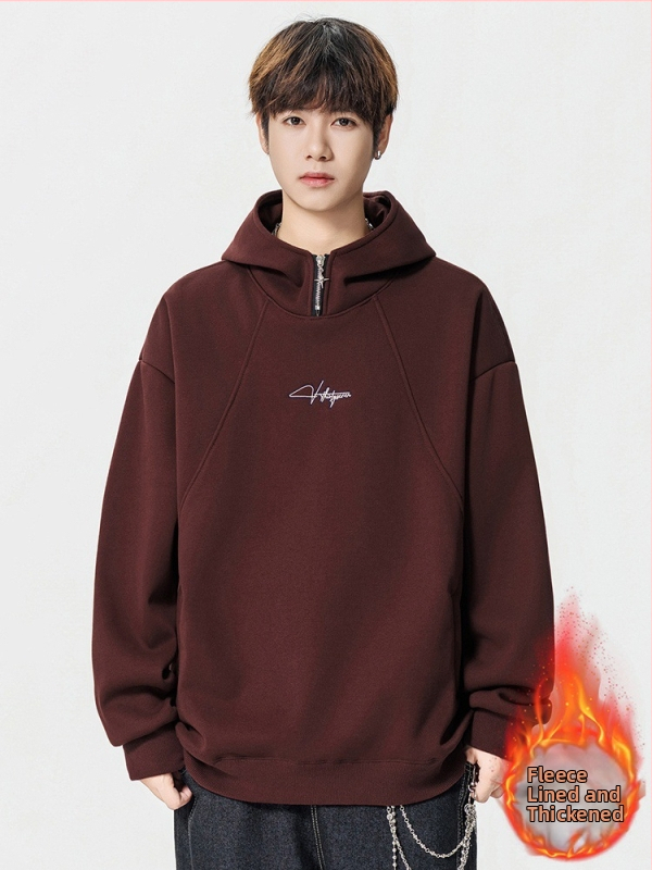 Korėjietiško stiliaus gobtuvas su fleece įklotu, sunkus megztinis, laisvo kirpimo, ilgomis rankovėmis, medvilnės audinys 51–70%, skaitmeninis spausdinimas ir šoninės kišenės