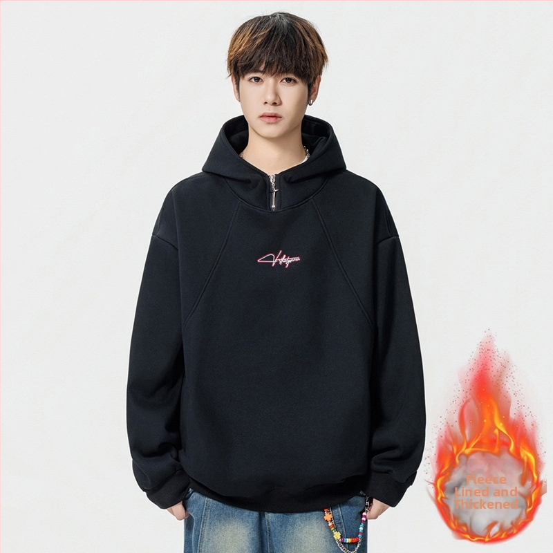 Korėjietiško stiliaus gobtuvas su fleece įklotu, sunkus megztinis, laisvo kirpimo, ilgomis rankovėmis, medvilnės audinys 51–70%, skaitmeninis spausdinimas ir šoninės kišenės