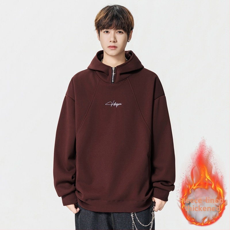 Korėjietiško stiliaus gobtuvas su fleece įklotu, sunkus megztinis, laisvo kirpimo, ilgomis rankovėmis, medvilnės audinys 51–70%, skaitmeninis spausdinimas ir šoninės kišenės