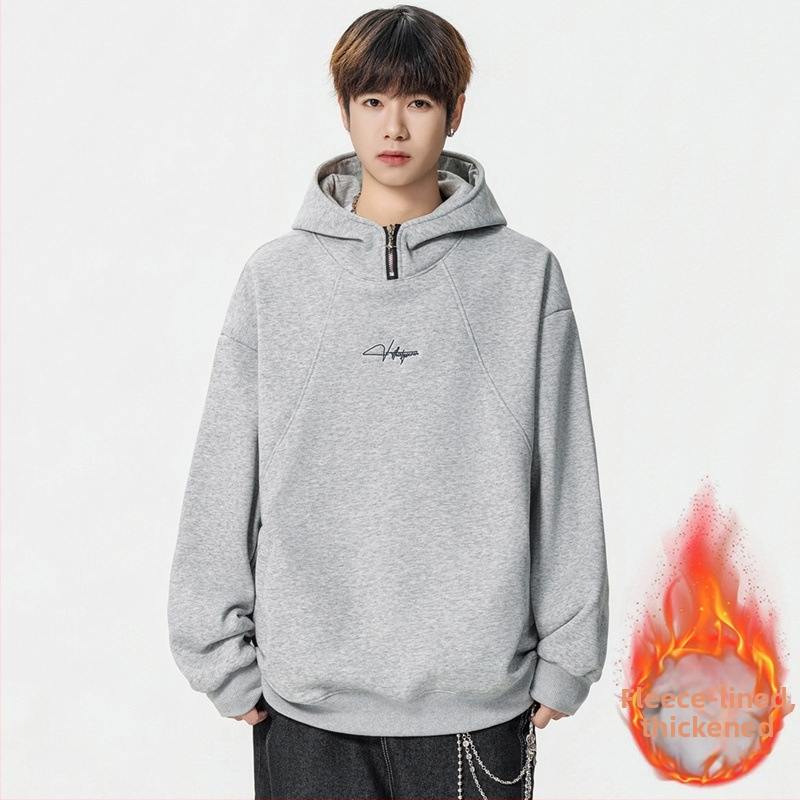 Korėjietiško stiliaus gobtuvas su fleece įklotu, sunkus megztinis, laisvo kirpimo, ilgomis rankovėmis, medvilnės audinys 51–70%, skaitmeninis spausdinimas ir šoninės kišenės