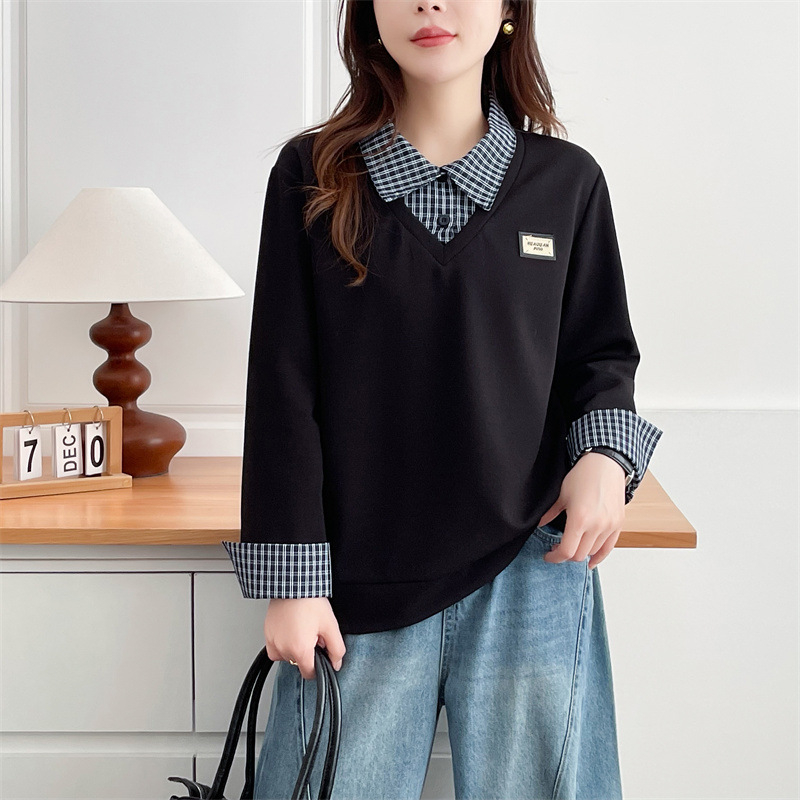 Sieviešu garā piedurknēm džemperis ar rakstainu apkakli, rudens 2025, 54% kokvilna / 44% poliesters / 5% elastāns, kokvilnas maisījums, izsmalcināts pilsētas stils