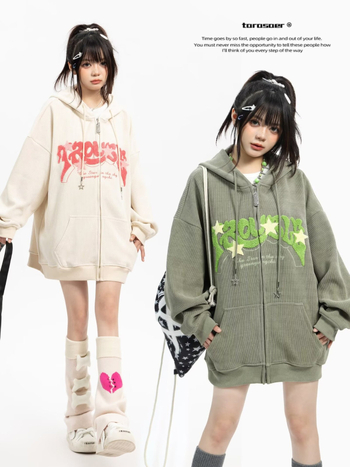 Corduroy κουκούλα cardigan jacket, φλις επενδυμένο, φερμουάρ μπροστά, V-λαιμός, πλαϊνές τσέπες, unisex