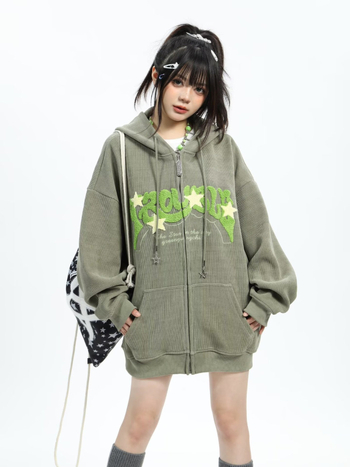 Corduroy κουκούλα cardigan jacket, φλις επενδυμένο, φερμουάρ μπροστά, V-λαιμός, πλαϊνές τσέπες, unisex