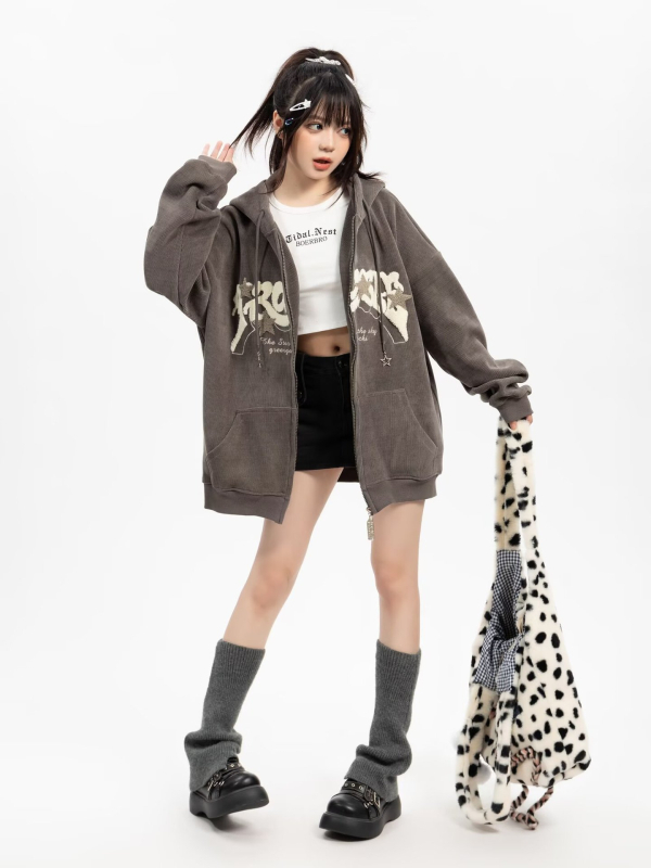 Corduroy κουκούλα cardigan jacket, φλις επενδυμένο, φερμουάρ μπροστά, V-λαιμός, πλαϊνές τσέπες, unisex