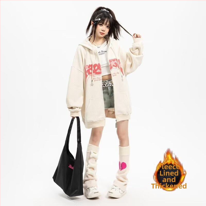 Corduroy κουκούλα cardigan jacket, φλις επενδυμένο, φερμουάρ μπροστά, V-λαιμός, πλαϊνές τσέπες, unisex