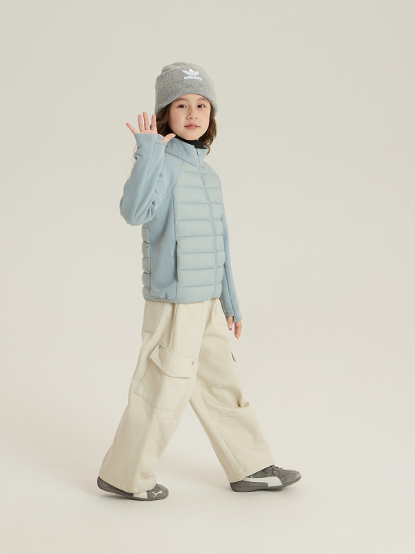 Bērnu ziemas pūka jaka korejas stilā, 86–90% pūka pildījums, ārējais patchwork neilons, bez kapuces, rāvējslēdzējs, viegls ziemas ārējais apģērbs, oderes poliesters