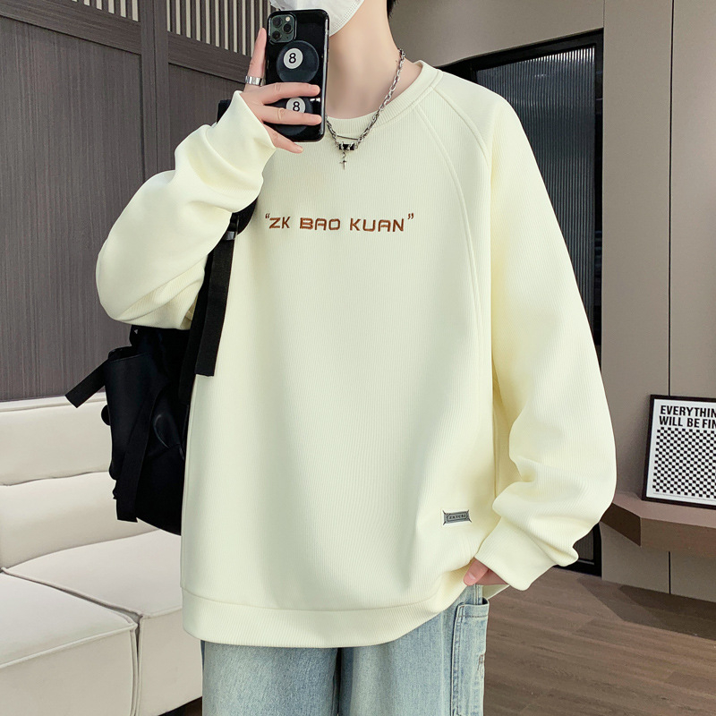 Ανδρικό φούτερ σε κορεατικό στυλ, κεντημένα γράμματα, raglan μακριά μανίκια, χαλαρή γραμμή, πλαϊνές τσέπες