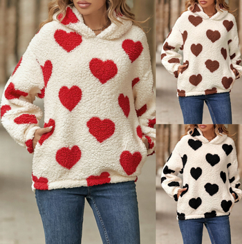 Hooded pulover s ljubavnim printom, Bubble Velvet materijal, Raglan rukavi, slobodan kroj
