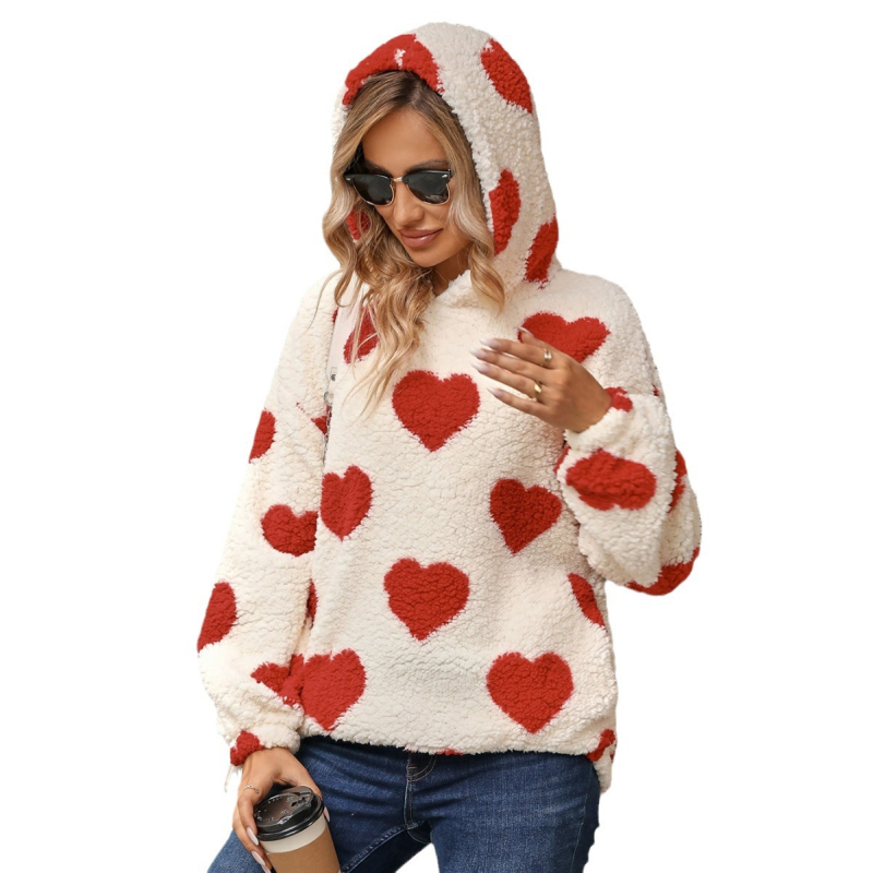 Hooded pulover s ljubavnim printom, Bubble Velvet materijal, Raglan rukavi, slobodan kroj