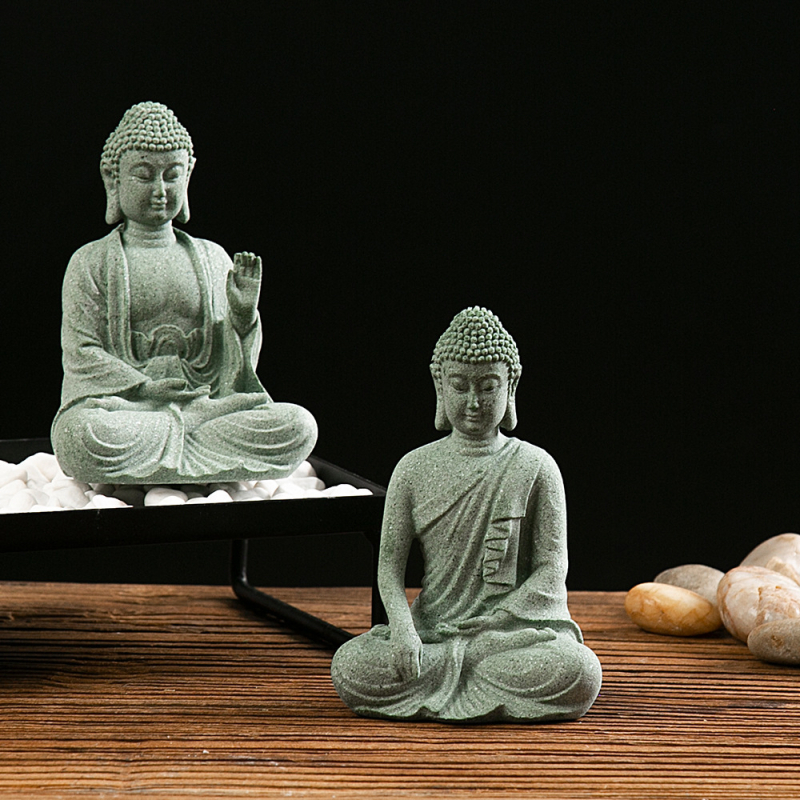 Socha Buddhu v antickom pískovci — zen dekor s vodnou scénou a dizajnom inšpirovaným čajom, Van Wood
