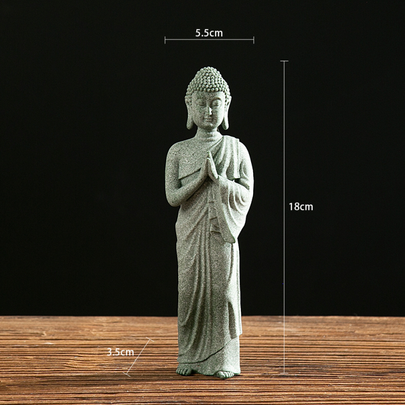 Socha Buddhu v antickom pískovci — zen dekor s vodnou scénou a dizajnom inšpirovaným čajom, Van Wood