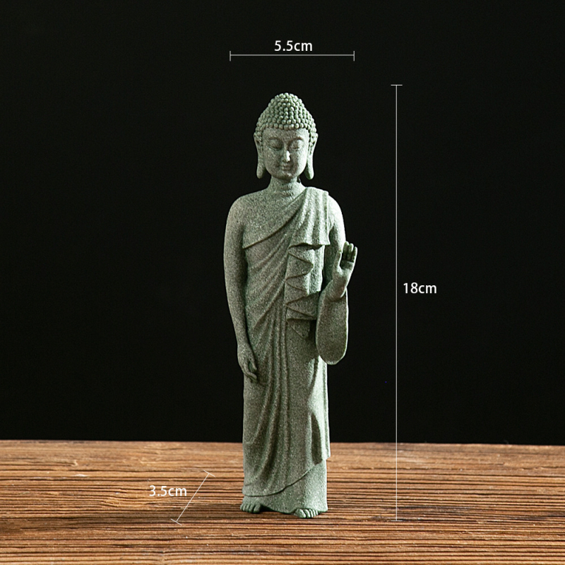 Socha Buddhu v antickom pískovci — zen dekor s vodnou scénou a dizajnom inšpirovaným čajom, Van Wood
