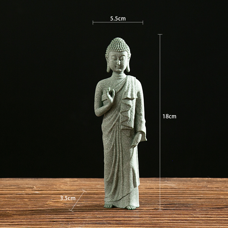 Socha Buddhu v antickom pískovci — zen dekor s vodnou scénou a dizajnom inšpirovaným čajom, Van Wood