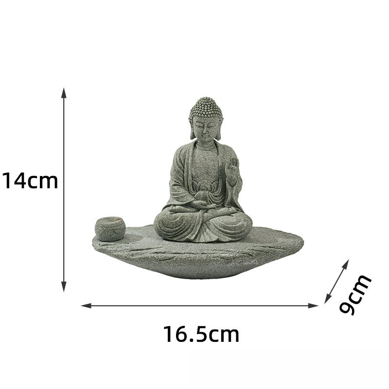 Socha Buddhu v antickom pískovci — zen dekor s vodnou scénou a dizajnom inšpirovaným čajom, Van Wood