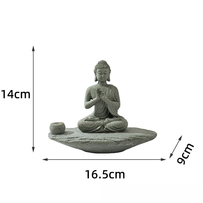 Socha Buddhu v antickom pískovci — zen dekor s vodnou scénou a dizajnom inšpirovaným čajom, Van Wood