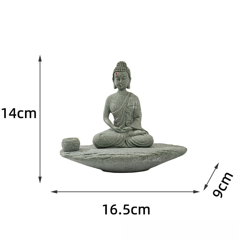 Socha Buddhu v antickom pískovci — zen dekor s vodnou scénou a dizajnom inšpirovaným čajom, Van Wood