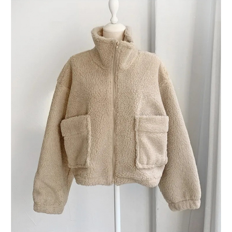 Dámsky kabát v kórejskom štýle z lamb fleece, s polovičným vysokým golierom, zipsom, veľkými vreckami, hrubý a teplý.