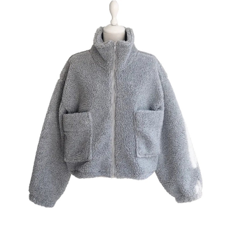 Dámsky kabát v kórejskom štýle z lamb fleece, s polovičným vysokým golierom, zipsom, veľkými vreckami, hrubý a teplý.