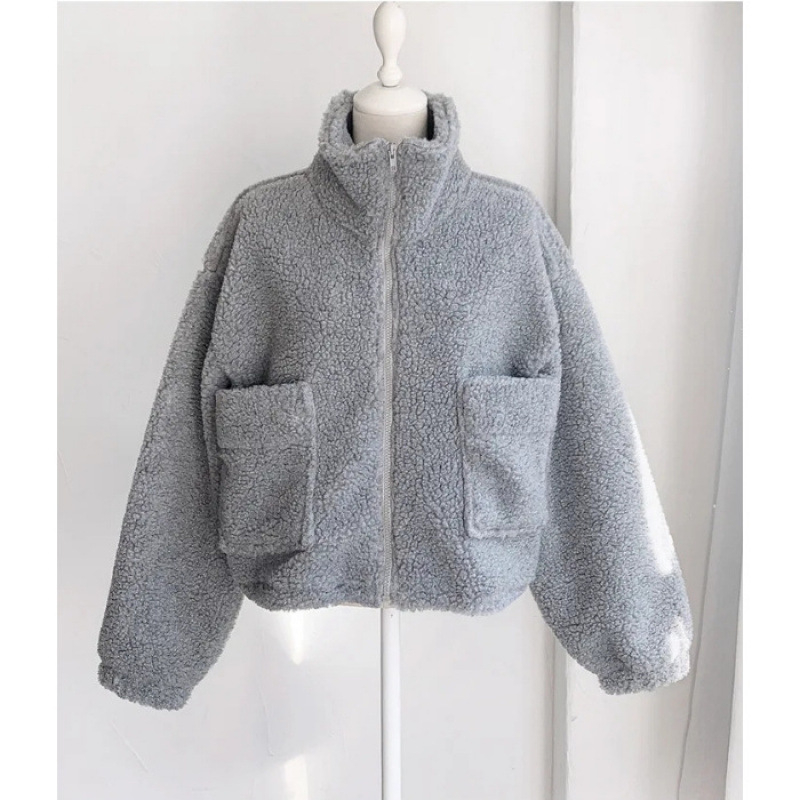 Dámsky kabát v kórejskom štýle z lamb fleece, s polovičným vysokým golierom, zipsom, veľkými vreckami, hrubý a teplý.